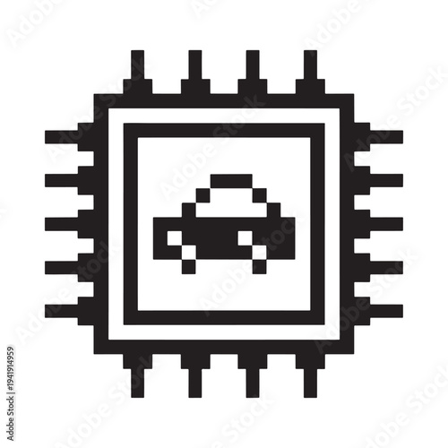 A digital microchip icon featuring a pixelated car illustration inside