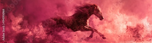 Celestial Charger: A majestic equine bursts forth from a swirling nebula of crimson and rose, embodying both the raw power and ethereal beauty. 