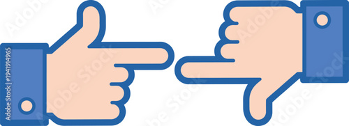 Two hands pointing in opposite directions with thumbs up and down