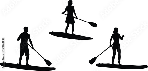 Vector illustration of paddleboarding silhouettes showing recreational water sport poses symbolizing leisure, identity, diversity, culture, tradition, inclusivity, and education