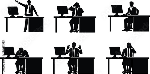 Vector illustration of office desk silhouettes showing diverse workplace emotions including stress, calm, exhaustion, surprise, and communication