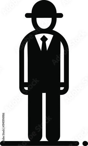 Man in suit and bowler hat standing upright with formal attire and accessories, depicted in simple illustration style, wqe reference