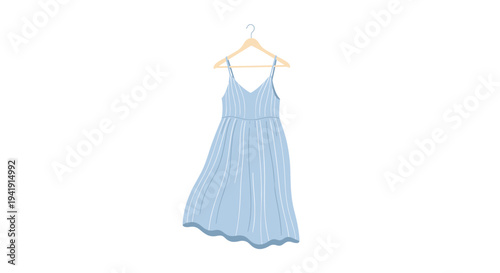 A light blue sleeveless midi dress with subtle white vertical stripes is gracefully hanging on a wooden hanger against a clean white background.