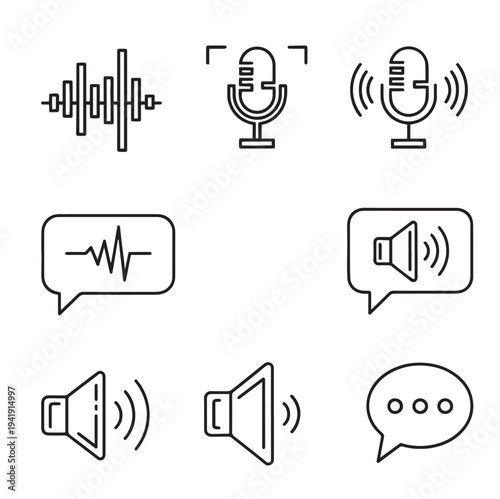 A collection of black line icons representing various audio and speech symbols on a white background