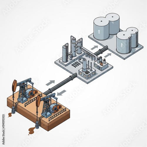 Oil extraction and refining process illustration.