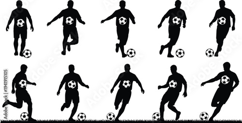 Vector illustration of soccer player silhouettes with diverse poses and ball interactions symbolizing sport, motion, identity, diversity, culture, tradition, inclusivity, and education