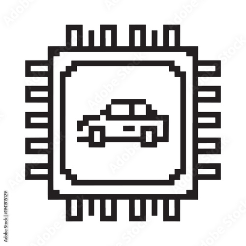 Pixelated illustration of a car displayed within a microchip outline