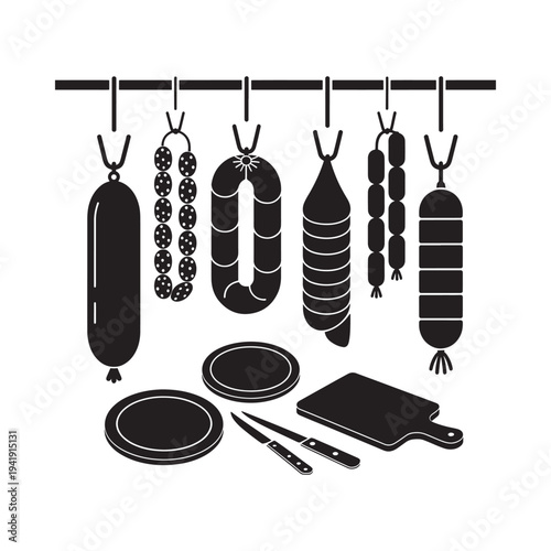 Black and white illustration of hanging sausages cheese and charcuterie tools