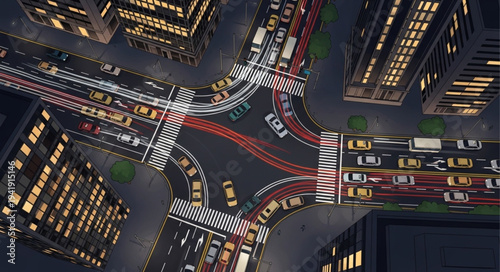 Aerial View of a Busy City Intersection at Night.