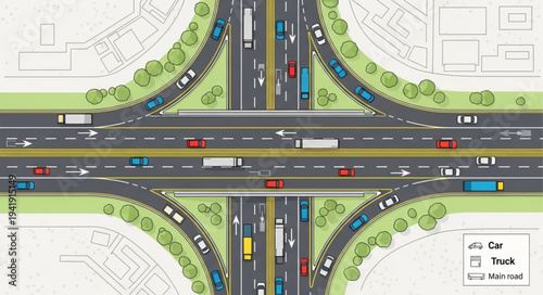 Aerial View of Highway Interchange with Traffic and Greenery.