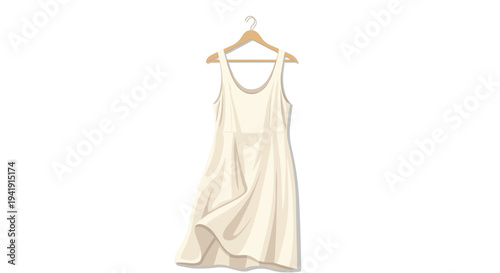 A light beige sleeveless knee-length dress with a simple flowing skirt and a rounded neckline is gracefully hanging on a wooden hanger against a white background.