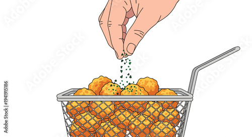 A fair-skinned hand is actively sprinkling small green herbs over a pile of golden-brown fried nuggets in a silver metal frying basket.