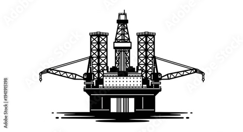 Offshore Oil Rig Platform with Derrick and Cranes.