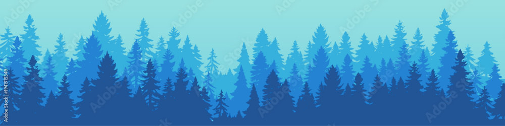 Obraz premium Layered pine forest landscape with misty evergreen trees and blue nature background, vector illustration