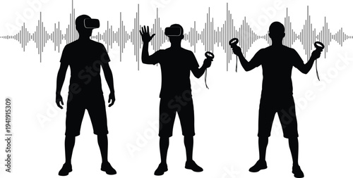Virtual reality silhouette vector illustration with headset and controller figures, immersive technology artwork, interactive design concept collection