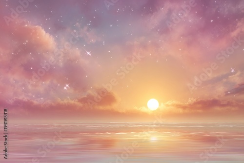 Ephemeral Sunset Over Tranquil Waters: An enchanting landscape captures the serene moment as the sun dips below the horizon, painting the sky and sea with soft, pastel hues.
