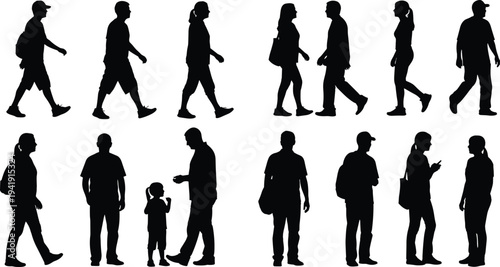 Walking and standing people silhouettes, human posture illustration, crowd movement vector, adults children graphic design, everyday life outline art collection