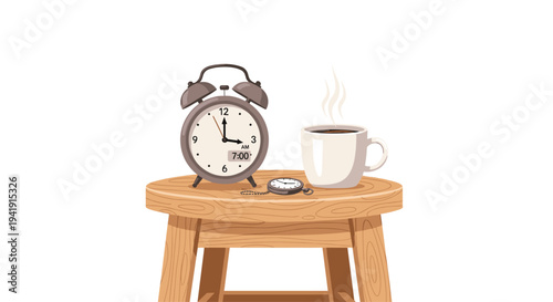 An antique-style alarm clock showing 7:00 AM, a steaming white coffee mug, and a silver pocket watch are arranged on a rustic wooden stool.