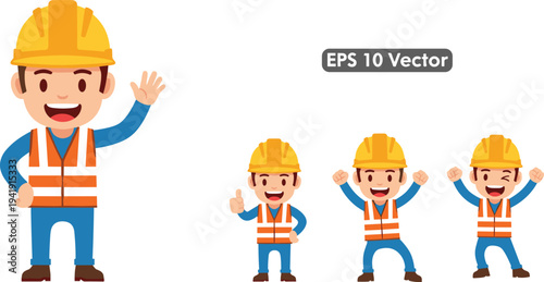 Cute cartoon boy character with glasses in various poses including pointing at wooden signpost and giving thumbs up isolated.