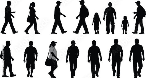 Walking people silhouettes, standing posture illustration, human movement vector, crowd graphic design, adults children outline art collection