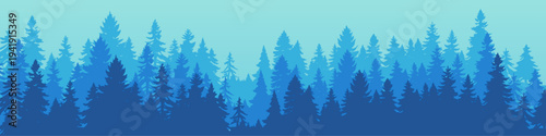 Layered pine forest landscape with misty evergreen trees and blue nature background, vector illustration
