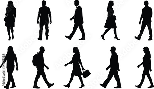 Walking people silhouettes, pedestrian posture illustration, casual clothing vector, human movement graphic design, everyday activity outline art icons