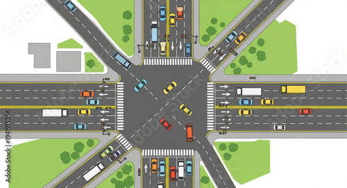 Aerial View of Busy Intersection with Cars and Pedestrians.
