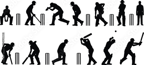 Silhouette illustration of cricket players in action, batting, bowling, fielding and wicket‑keeping, dynamic sports vector concept, competition, teamwork, athletic lifestyle and game design