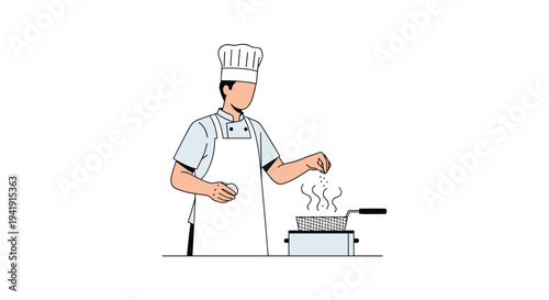A male chef in a white uniform and tall hat is standing next to a compact frying station, sprinkling seasoning into a metal frying basket.