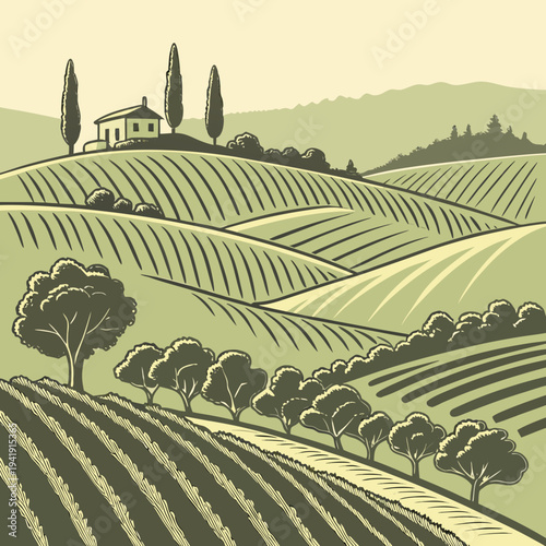 Serene tuscan landscape with rolling vineyards, a farmhouse, and cypress trees under a muted sky, idyllic countryside