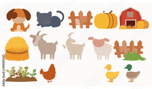 Cute cartoon farm pets vector illustration with barnyard animals set isolated on white background