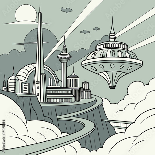 Retro futuristic cityscape with flying saucer and sky beams, science fiction illustration