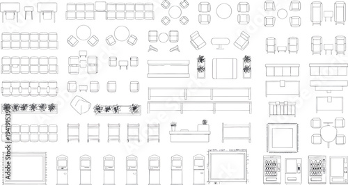 A collection of various technical blueprint drawings isolated on transparent background