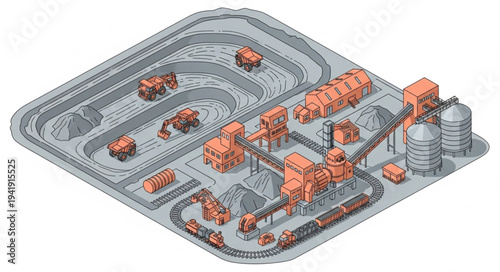 3D rendering of an industrial facility with machinery and infrastructure.