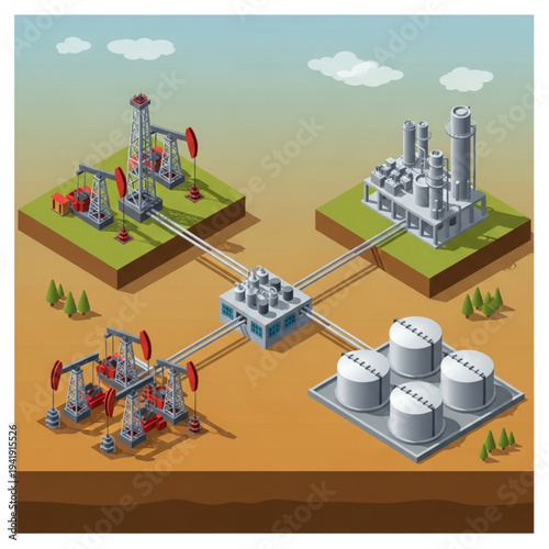Oil extraction and refining process illustration with pumpjacks and storage tanks.
