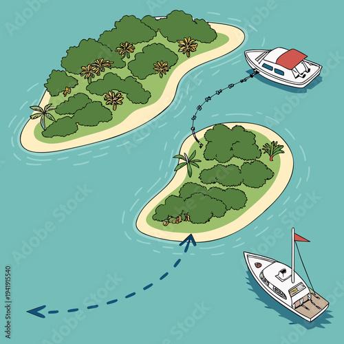Two boats moored at tropical islands, connected by a dashed line path in blue water