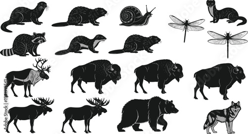 Wild animal silhouettes including moose, bear, wolf, bison, caribou, raccoon, otter, beaver, snail, dragonfly, diverse wildlife illustration design collection