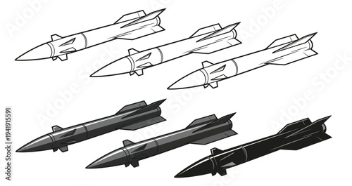 Line drawings and shaded renderings of missiles with fins and guidance systems