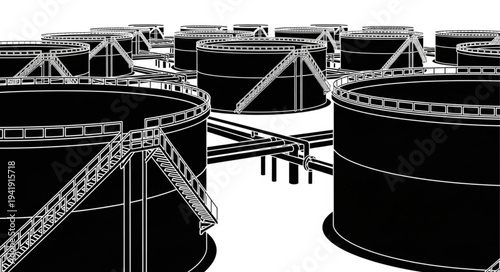 Industrial storage tanks with catwalks and staircases in a facility.