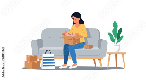 A stylized woman is sitting on a light gray sofa, unboxing a pink item from a cardboard package with other boxes nearby.