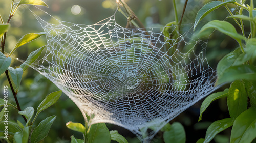 Intricate spider web woven among green foliage in natural setting