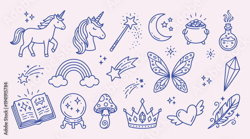Fantasy magic doodle collection with playful outline drawing. Unicorn, wand, rainbow, butterfly, crystal. Cute enchanted elements for kids coloring pages, fairytale illustrations and storybook design.