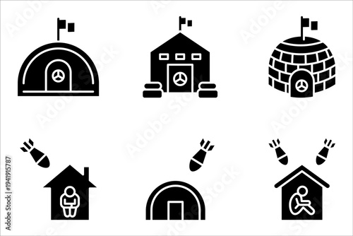 Bunker icon set, Emergency defense space during airstrikes or explosions pictogram, vector illustration on white background