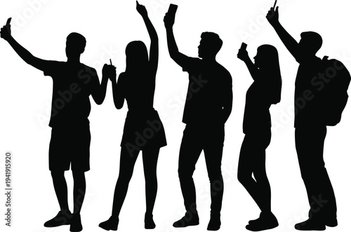 Silhouette illustration of group of people holding smartphones, taking selfies and capturing moments, modern lifestyle vector concept, technology, social media and digital culture design