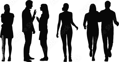 Silhouette illustration of people interacting, standing, walking, and talking together, social communication vector concept, teamwork, friendship, lifestyle, human posture and gesture design element