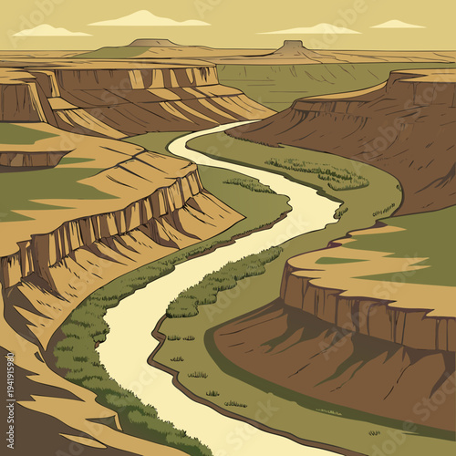 Stylized illustration of a winding river carving through a desert canyon landscape