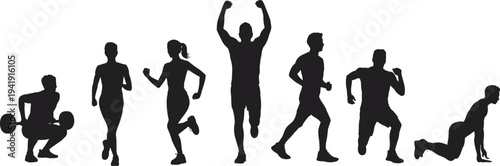 Silhouette illustration of people performing fitness exercises including squats, running, jogging, sprinting, active lifestyle vector concept, sports training and health design