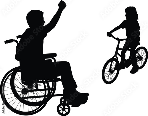 Silhouette illustration of person in wheelchair cheering beside child riding bicycle, inclusive sports vector concept, friendship and positive human interaction design
