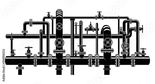 Industrial piping system with valves and connections.