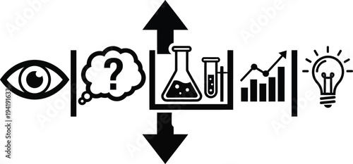 Business concept illustration with eye, thought bubble, lab equipment, graph, and light bulb